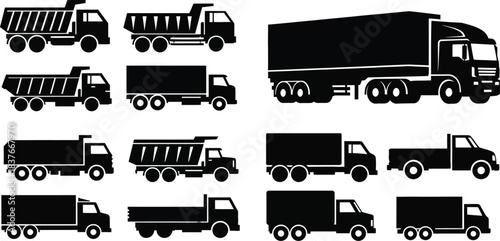 Silhouettes of various commercial trucks and transport vehicles in black and white