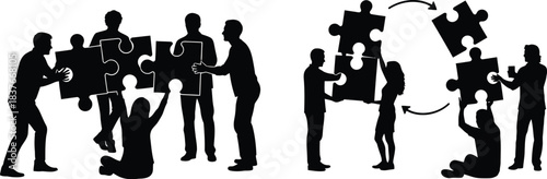 People collaborating to complete a jigsaw puzzle symbolizing teamwork and connection