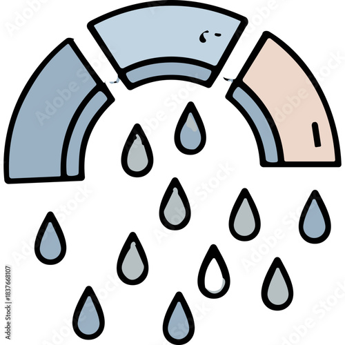 Stylized Representation of Rain Falling From an Arc with Two Color Segments and Abstract Droplets on a Black Background