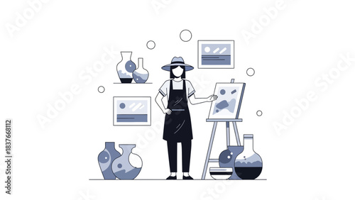 Illustration of a person in an art studio, painting on canvas, surrounded by vases and artwork in monotone style