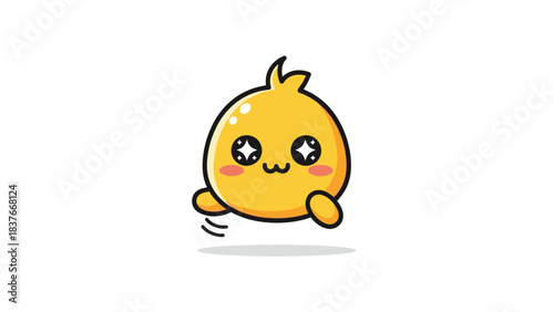 Cartoon yellow blob with star eyes and blush, hovering with a small shadow on a stark white background