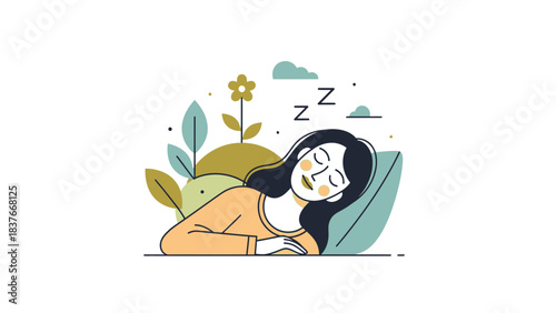A sleeping woman with dark hair lies among green foliage under Zzz's in a minimal, flat, pastel illustration
