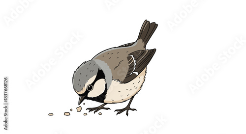 Detailed illustration of a small titmouse bird on the ground carefully pecking at crumbs of bread on a white background.