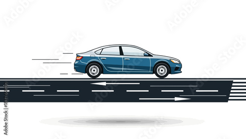 A sleek blue sedan speeds on a road, illustrated with motion lines and a shadow, against a clean white backdrop