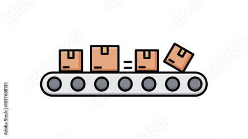 Cartoonish boxes move along a conveyor belt, with one box tilting off the end