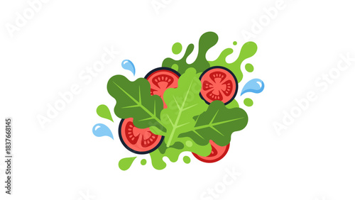 Flat vector salad graphic with tomato slices, green leaves, and water droplets on a white background