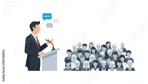 Speaker at podium with audience, speech bubbles, faceless crowd, vector illustration on a plain background