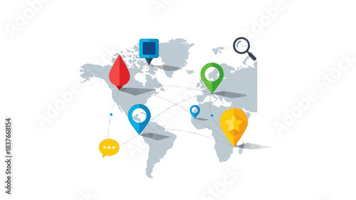 Flat world map with icons for location, messaging, search, and connections, set against a white backdrop