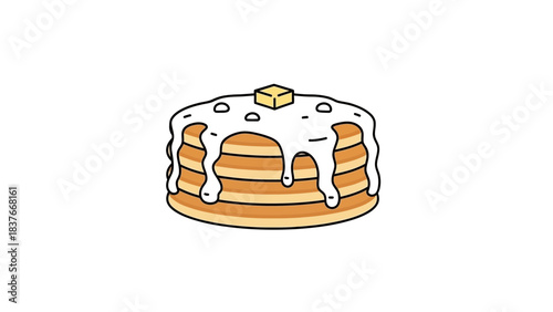 Stack of pancakes drizzled with white icing and topped with a square of butter; cartoon style drawing isolated on white