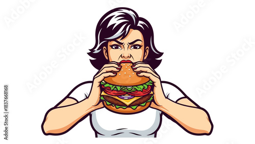 Cartoon woman with short, dark hair intensely devouring a large, multi-layered burger