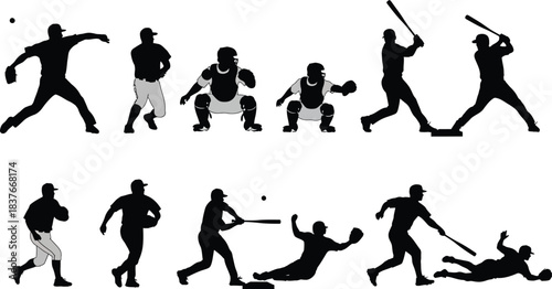 Baseball players in action depicted through a sequence of silhouette illustrations