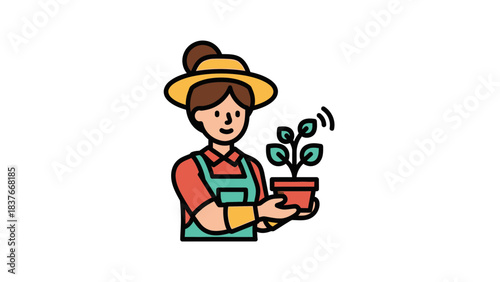 Illustration of a smiling woman wearing a hat and holding a potted plant