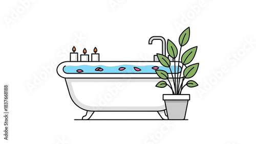 Illustration of a white bathtub with candles, petals, tap and a potted plant, on a white background