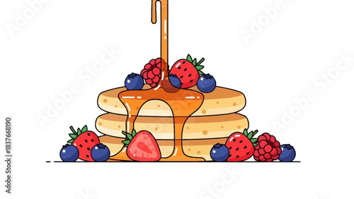 Stack of pancakes topped with fresh berries, drenched in sweet syrup, on white background