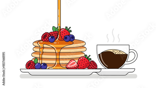 Stack of pancakes topped with berries, syrup, and a cup of steaming coffee on white