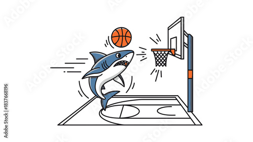 Illustration of a shark jumping on a basketball court, attempting to make a shot