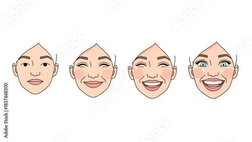 Four cartoon faces showing progressive smiling stages, from neutral to joyful, eyes evolving from dark to sparkling
