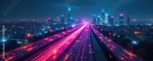 A futuristic cityscape at night, glowing fiber optic cables forming a complex network, representing the digital infrastructure of the information highway , data flow, technology