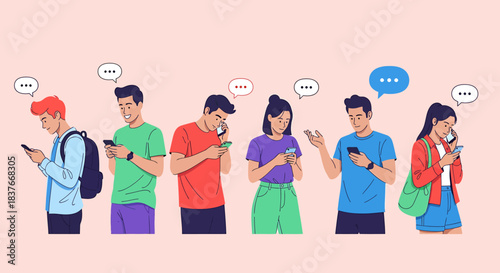 Group of diverse people engrossed in their smartphones with chat bubbles, a modern flat vector illustration of digital communication and social networking