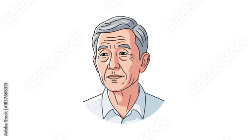Cartoon-style portrait of older man, pale skin, gray hair wearing a collared shirt, in front of a white background