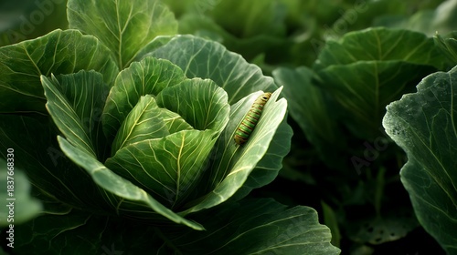 A cabbage plant with broad green leaves