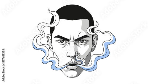 Stern man's illustrated head exhales smoke with sharp gaze, outlined in black, grays, and a blue hue