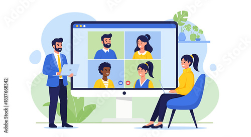 Professional online meeting and virtual business collaboration concept with diverse team members engaging in a video conference, illustrated in flat vector style