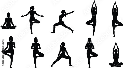 Silhouette illustrations depicting various yoga poses and meditative postures