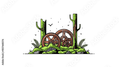 Illustration of rusty gears nestled amongst mossy rocks and trees against a white background