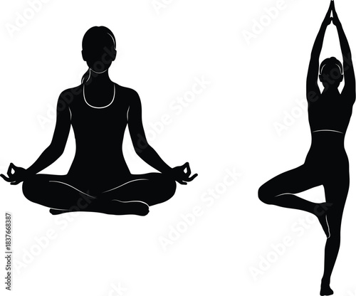 Silhouette of two women practicing yoga poses lotus and tree pose