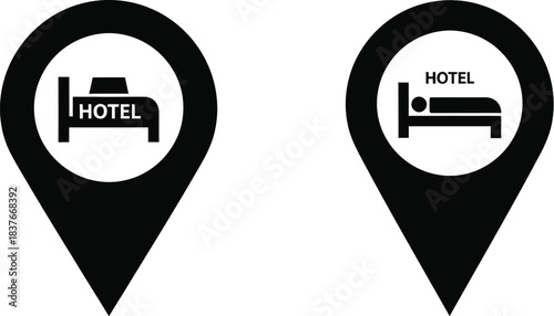 Two black hotel location icons with a bed symbol inside each