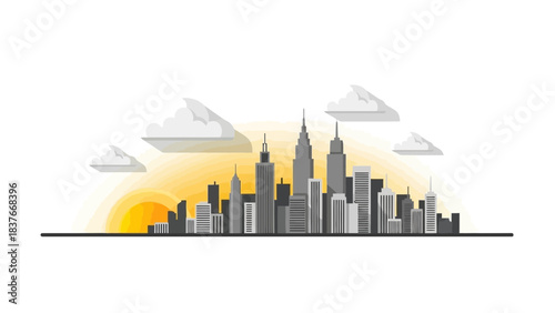 A stylized cityscape silhouette, bathed in a warm golden sunrise, with soft clouds dotting the skyline