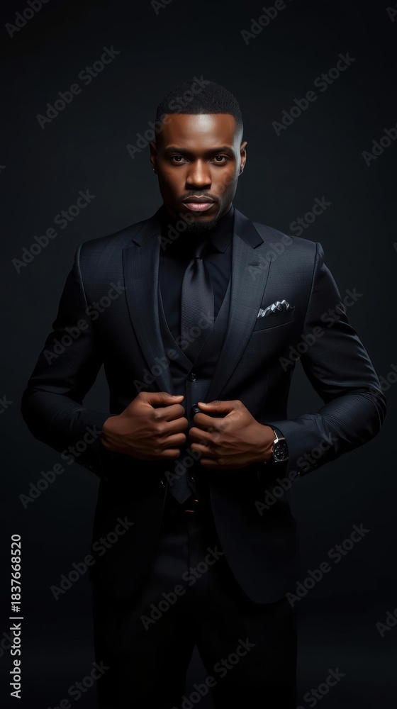 Fototapeta premium A confident man in a tailored black suit poses against a dark background, exuding elegance and sophistication.