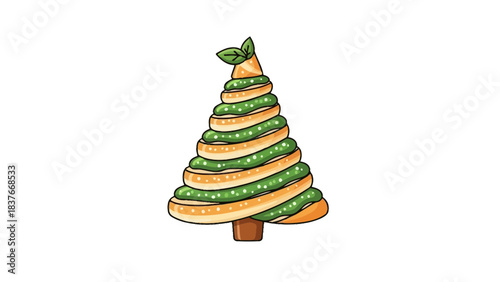 Styled tree, orange rolls alternate with green bands to form a whimsical conical tree with leaves at the top