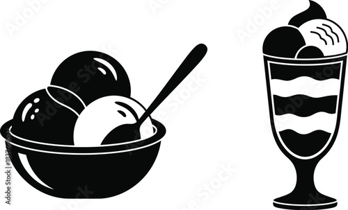 Black and white illustration of ice cream in a bowl and a sundae glass