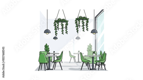A stylized illustration of a modern, green-themed café interior, featuring hanging plants and furniture