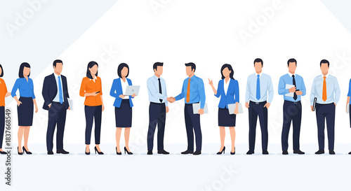 Flat vector illustration of diverse business people in professional attire, showcasing teamwork and collaboration