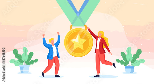 Flat vector illustration of people celebrating a gold medal achievement