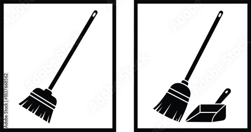 Two warning signs depicting a broom and a broom with a dustpan