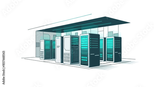 A stylized illustration of a server room filled with rows of computer servers on a white background