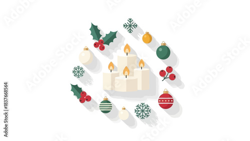 Minimalistic Christmas icons candles, ornaments, snowflakes, holly berries, leaves, flat design, soft shadows