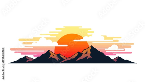 A stylized image features mountains against a colorful sunset with clouds, in a modern, flat design aesthetic