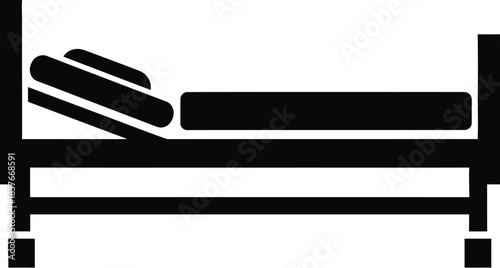 Simple black and white icon depicting a bed with a pillow