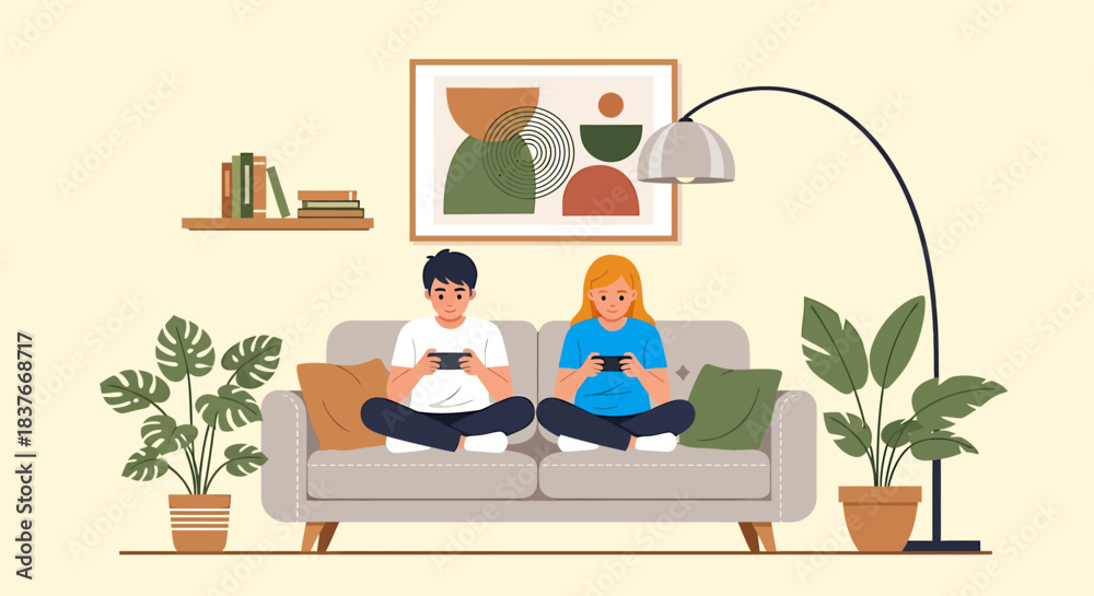 Fototapeta premium Couple relaxing on a couch, deeply absorbed in their mobile phones, a contemporary flat vector illustration of digital engagement and modern home leisure