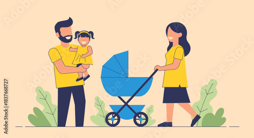 Flat vector illustration of a happy family with a baby stroller