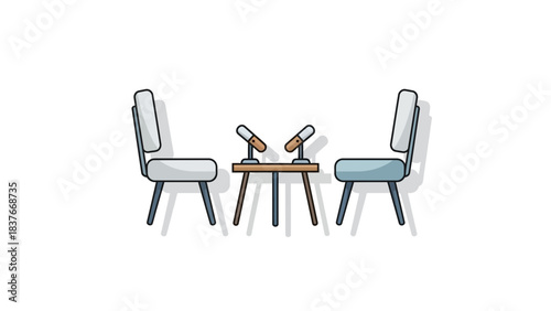 Two chairs and microphones face each other on a small table, set on a blank white backdrop