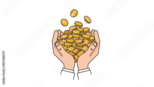 Two cartoon hands hold and are filled with gold coins, some slightly floating above the other coins