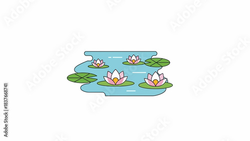Illustration of water lilies on lily pads floating in a blue pond with simple white lines indicating movement