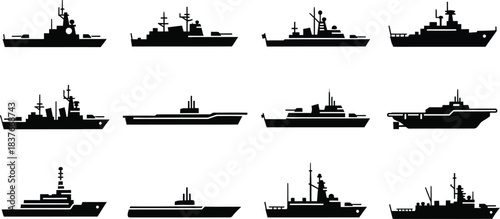 Silhouette collection of various naval ships and maritime vessels