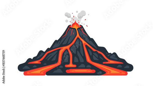 A stylized volcano erupting with lava flows and a plume of smoke